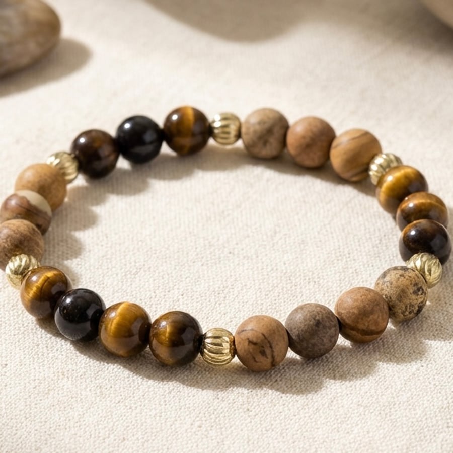 Tigers Eye & Picture Jasper Gemstone Bracelet With Gold Filled Accents
