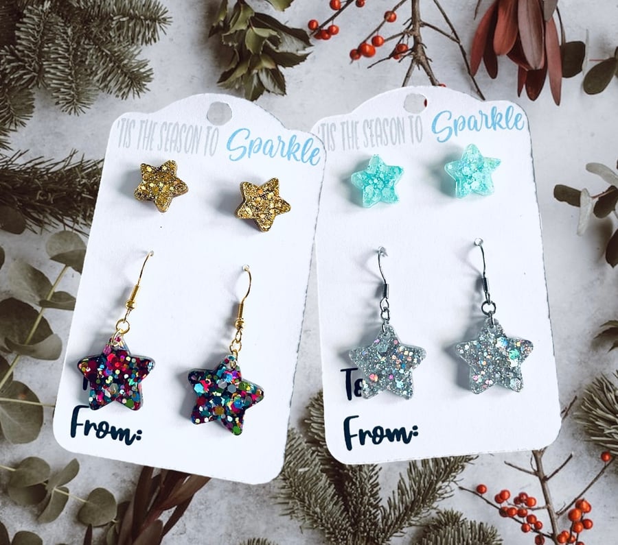 Christmas star drop earrings, star studs, stocking filler for her