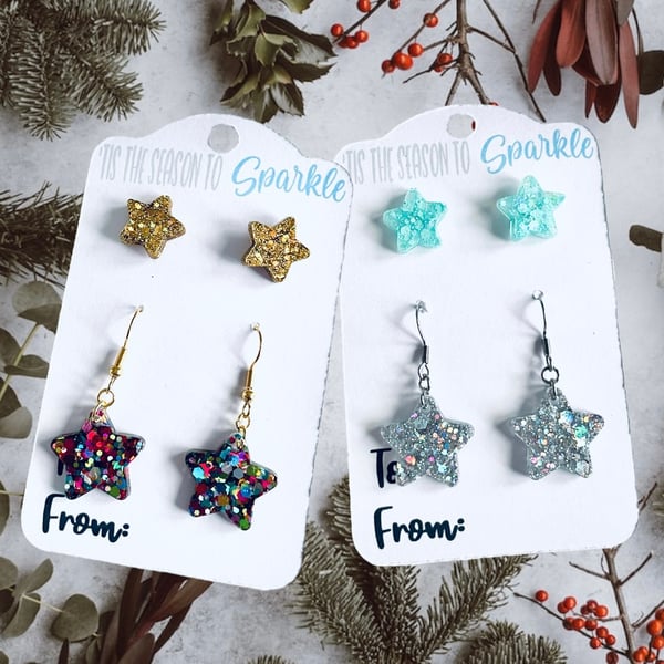 Christmas star drop earrings, star studs, stocking filler for her