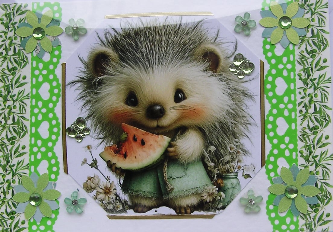 Cute Hedgehog - Hand Crafted Decoupage Greeting Birthday Card - Blank (3290)