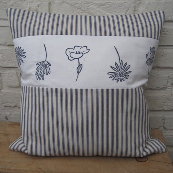 Cushion with hand printed floral panel on blue & white stripe cotton       