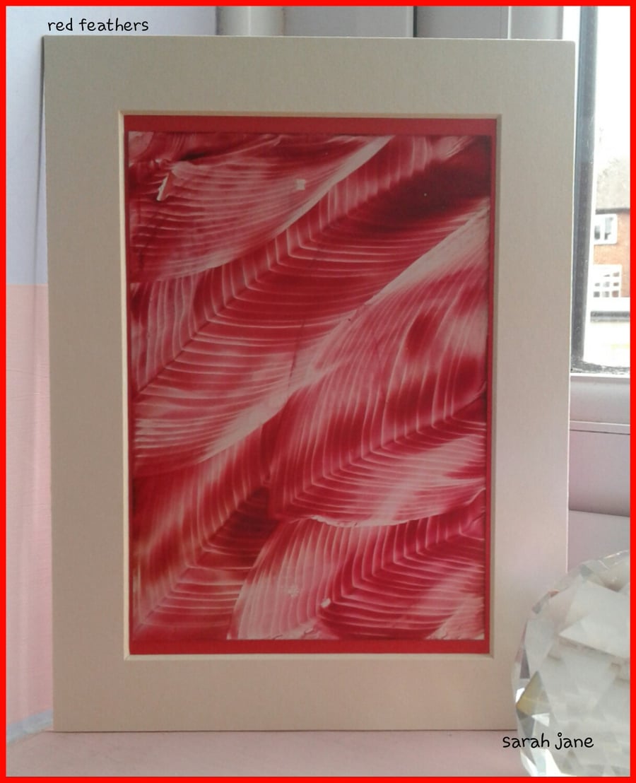 Red feather original encaustic art painting 