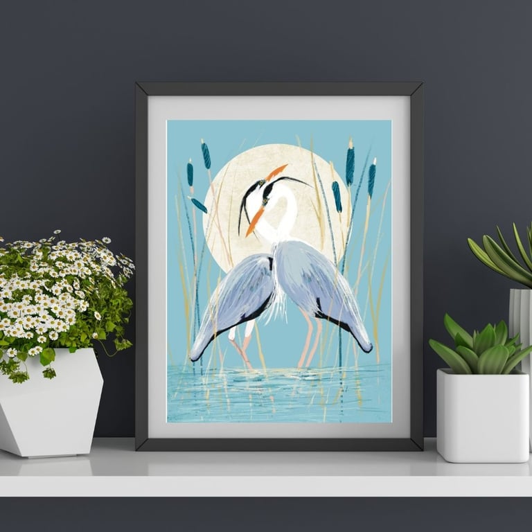 Bird Art Print - Moonlit Herons Mounted art print