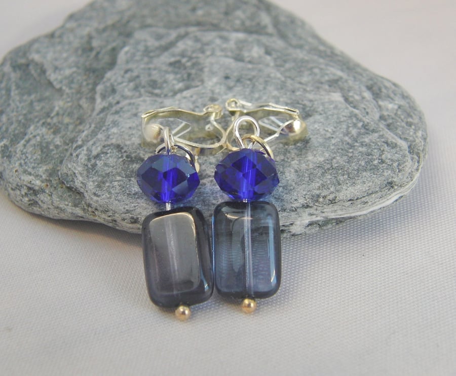 Navy and Cobalt Blue Beaded Clip on Earrings, Gift for Her, Mother's Day Gift