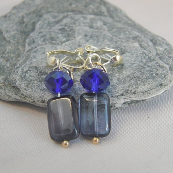 Navy and Cobalt Blue Beaded Clip on Earrings, Gift for Her, Mother's Day Gift