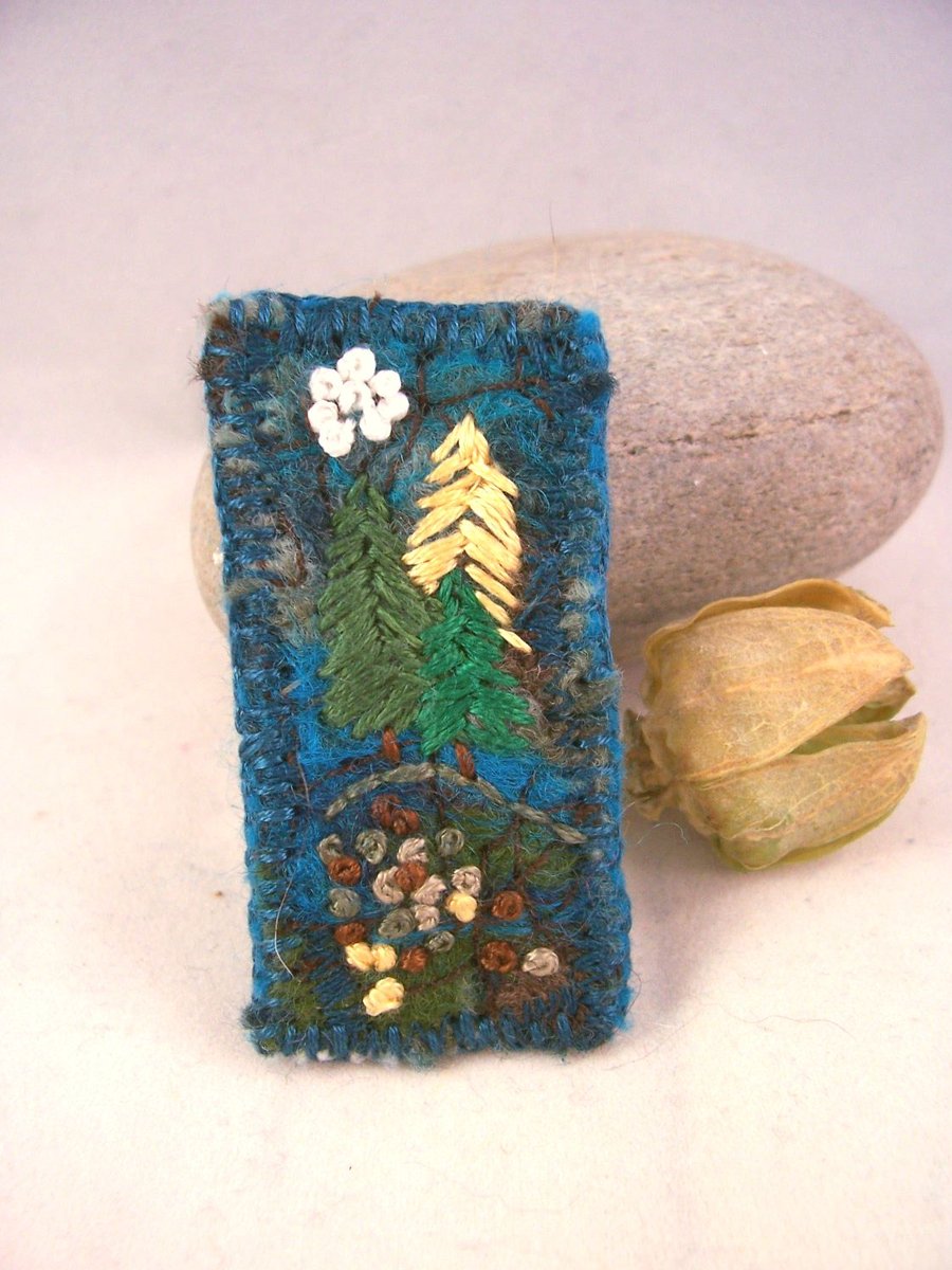 Sold. Needlefelted and hand embroidered brooch with trees and moon - Forest