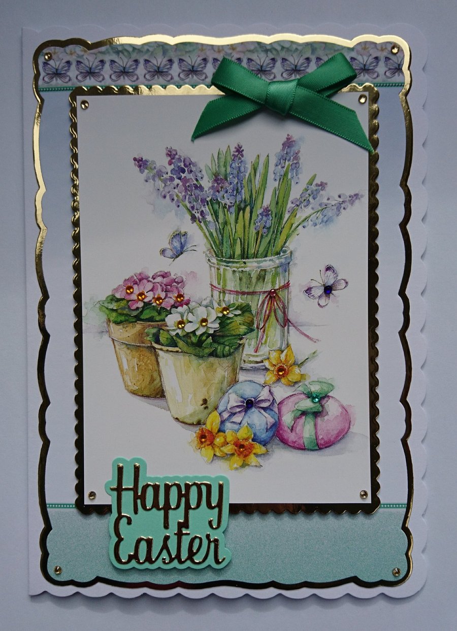 Easter Card Happy Easter Spring Flower Pots and Easter Eggs