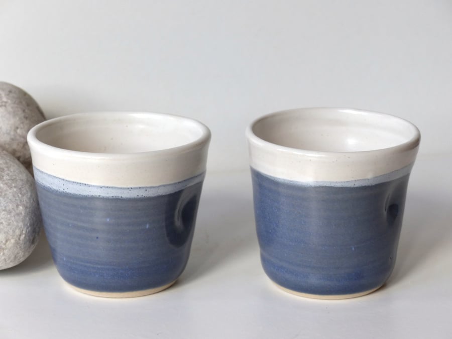 Set of TWO Blue and White Mini Tumblers -  espresso cups,  Ceramics Stoneware UK