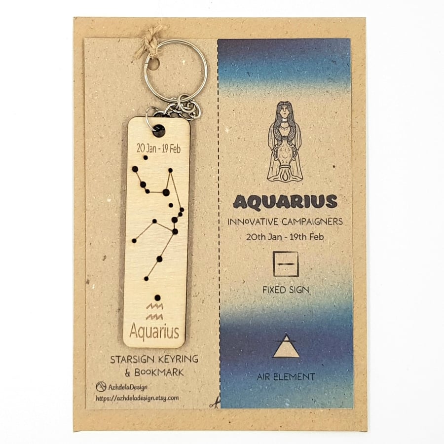 Aquarius Zodiac Star Sign Constellation Wooden Keyring & Bookmark Gift