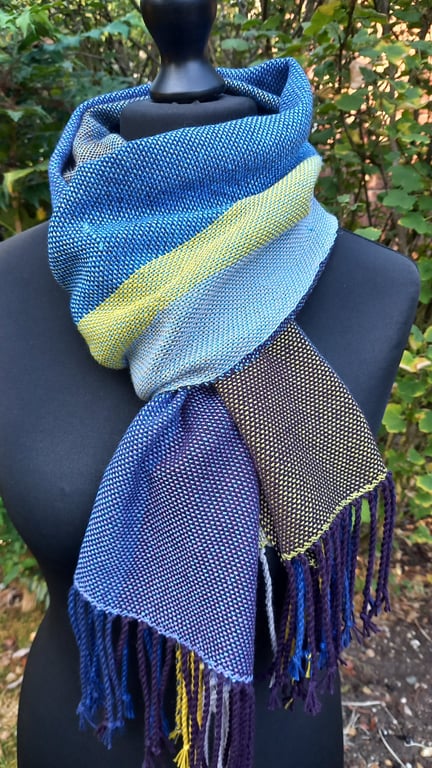 Handwoven Lightweight Cotton Blend Wrap Scarf in Blue and Yellow