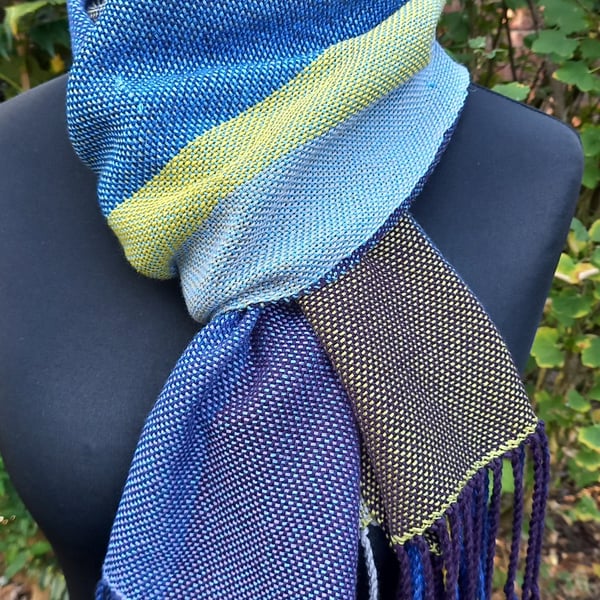 Handwoven Lightweight Cotton Blend Wrap Scarf in Blue and Yellow