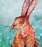Hare sitting with turquoise background. Original painting - Image 2