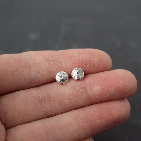 Recycled Silver Stud Earrings - Disc Stud Earrings - Rustic Flat Backed Earrings