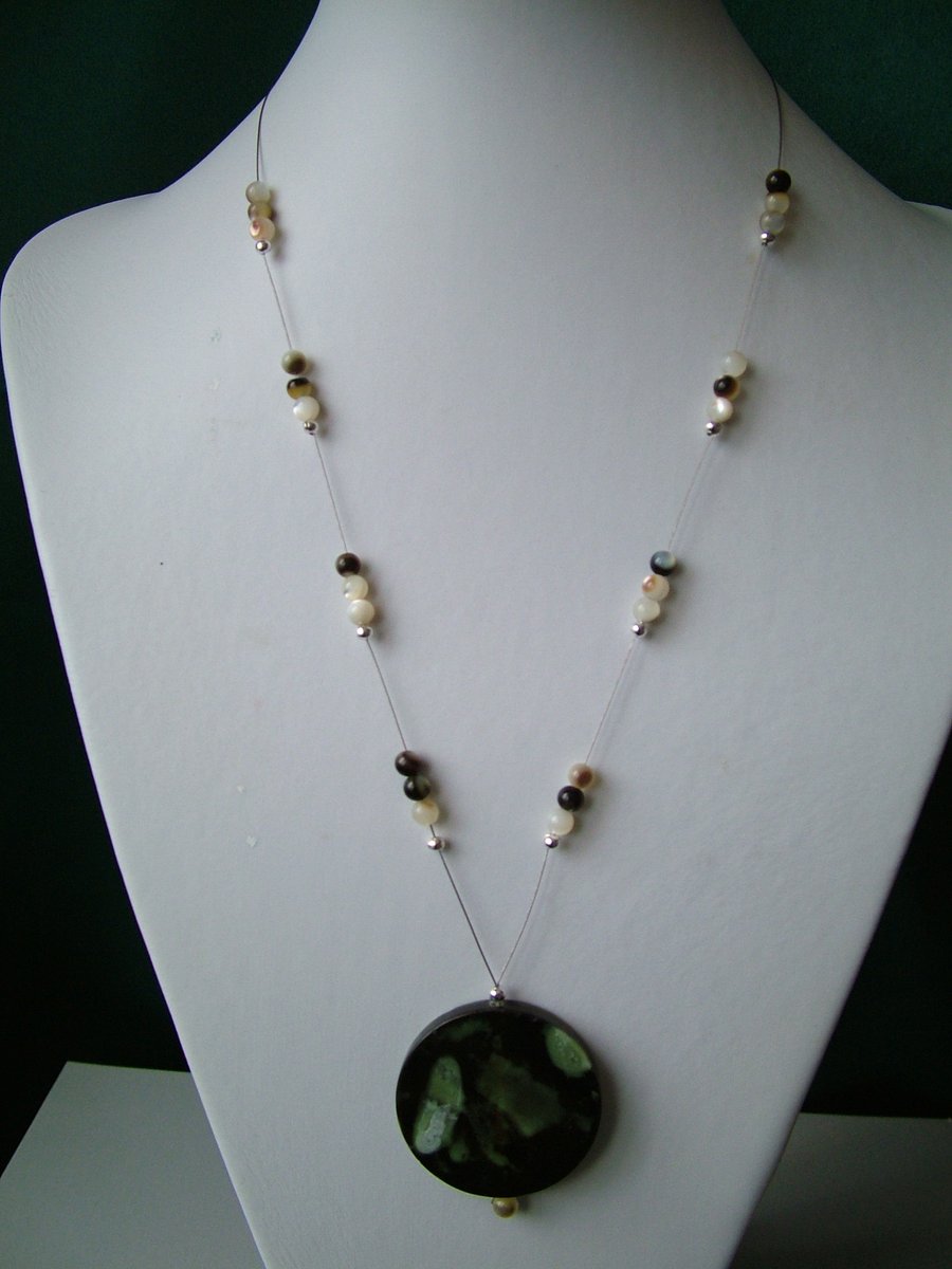 Shell & Coffee Green Agate Pendant Necklace  - Genuine Gemstone - Handmade 