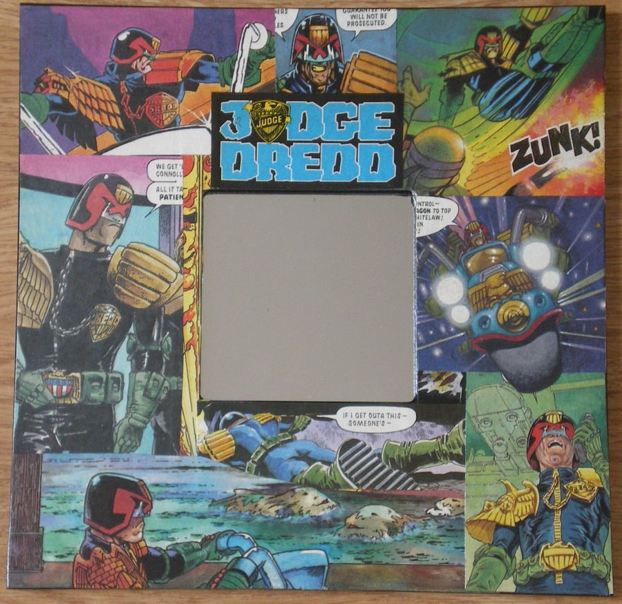 Mirror decoupaged with original 2000AD Judge Dredd pictures from comics