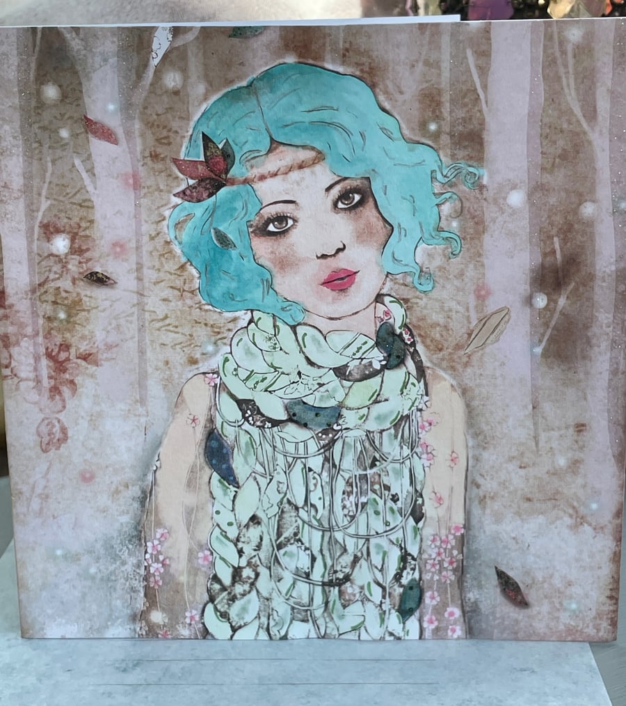 Bohemian girl with turquoise hair greetings card