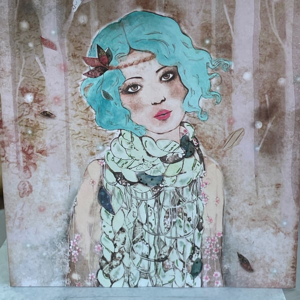 Bohemian girl with turquoise hair greetings card