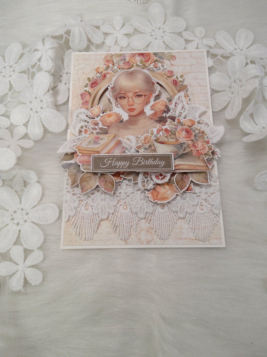 Handmade Birthday Card Elegant Lace Card. Vintage Card for her. (205)