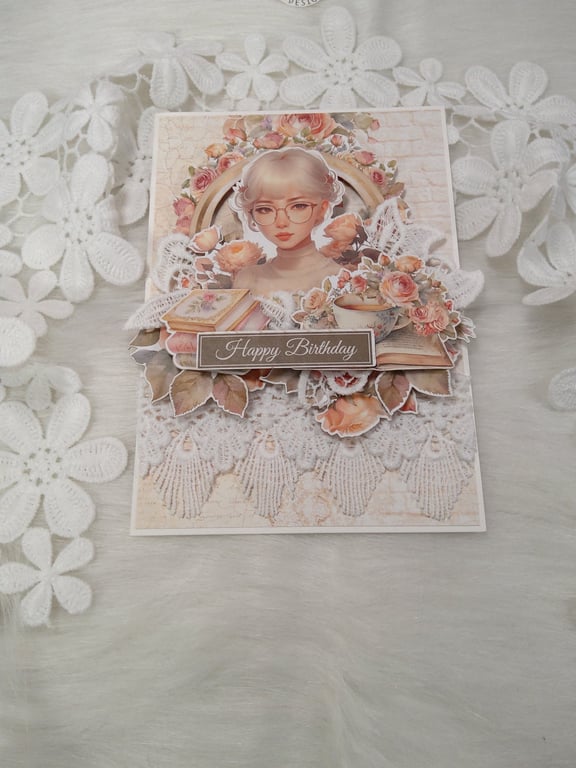 Handmade Birthday Card Elegant Lace Card. Vintage Card for her. (205)