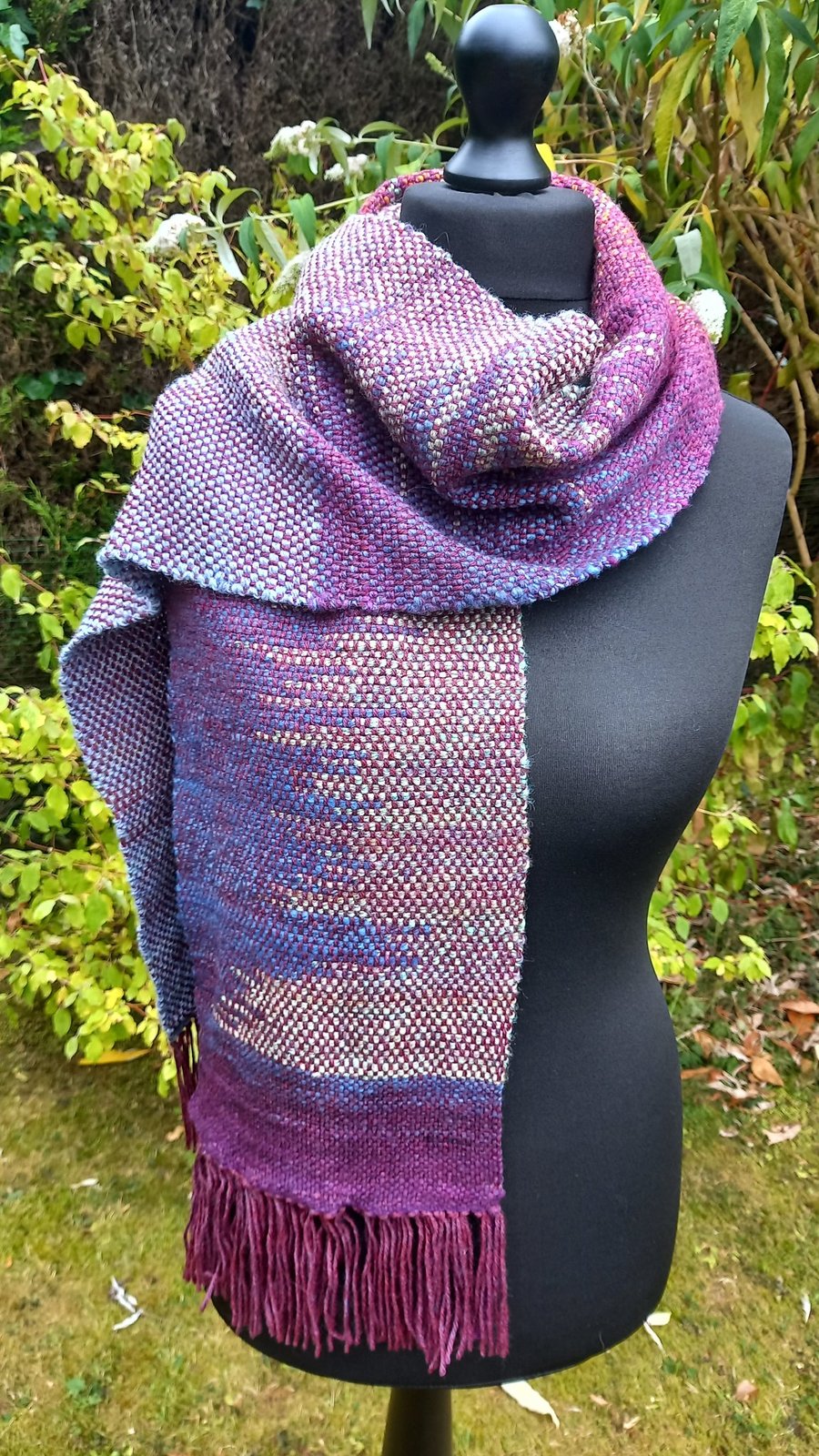 Handwoven Wool & Silk Scarf with Clasped Weft in Purple, Blue & Gold