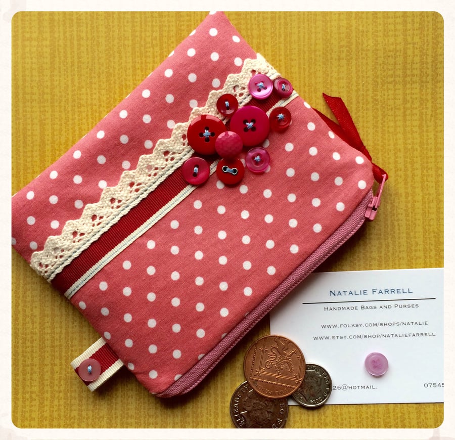 Polka Dot Coin Purse with Lace, Buttons and Ribbon Embellishment