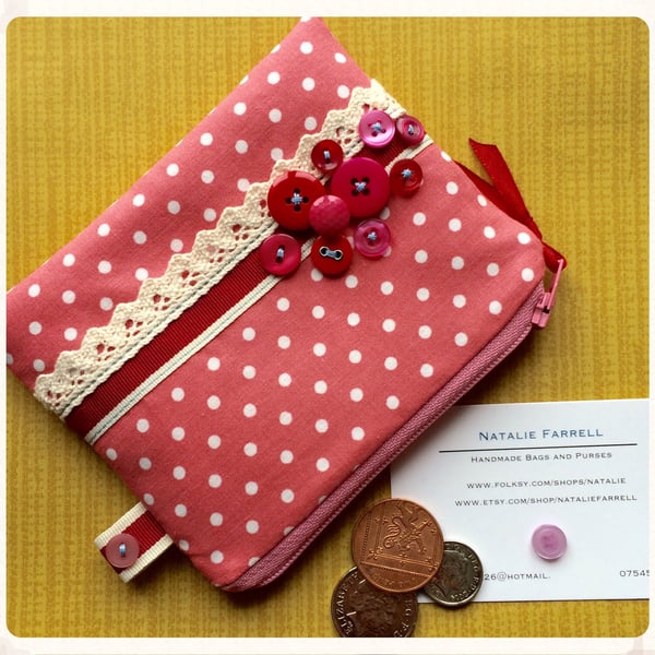 Polka Dot Coin Purse with Lace, Buttons and Ribbon Embellishment
