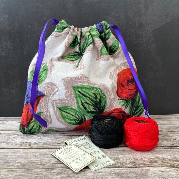 1950s Vintage Barkcloth Drawstring Bag, Red Roses, Purple Flowers, Purple Ribbon