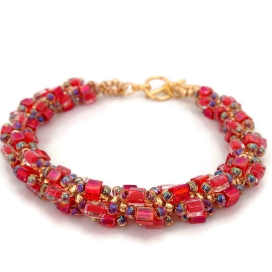 SALE - Flame Red & Gold Bead Weave Bracelet