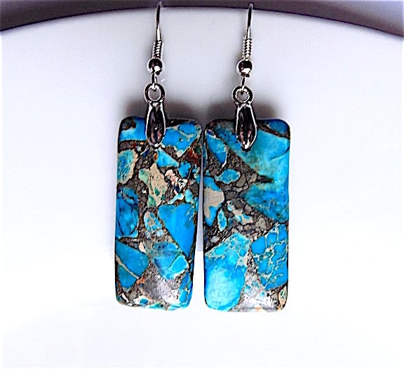 Blue sea sediment jasper dangle earrings, for pierced ears.