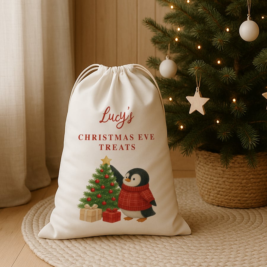 Personalised Christmas Eve Sack – Penguin Christmas Gift Bag with Custom Name