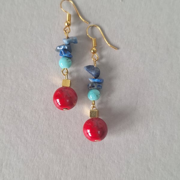 Lapis lazuli blue earrings with red ceramic bead and golden metal parts