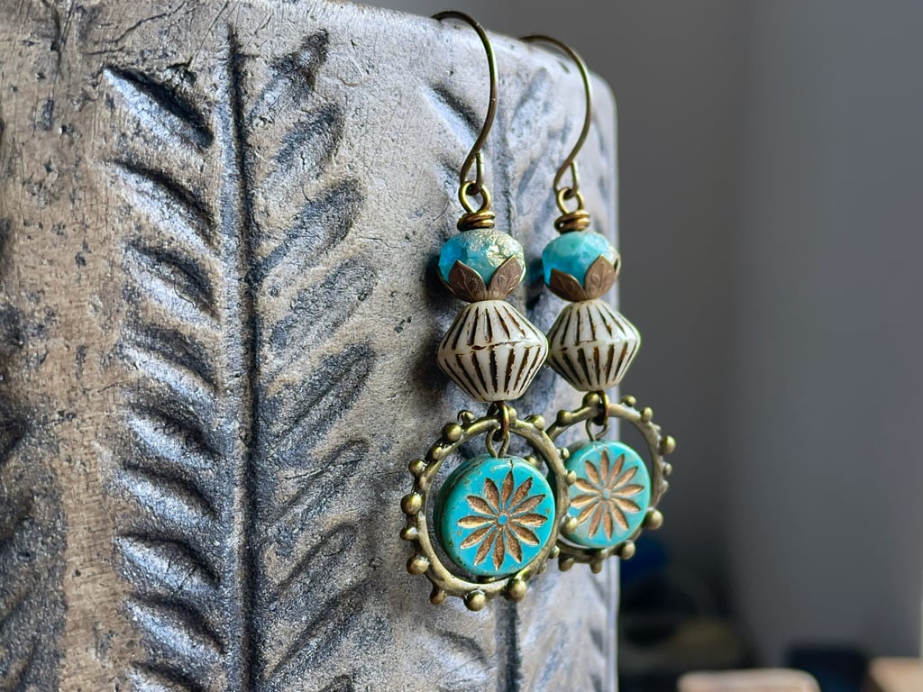 Turquoise Aster Flower Earrings – Summer Czech Glass Boho Jewellery