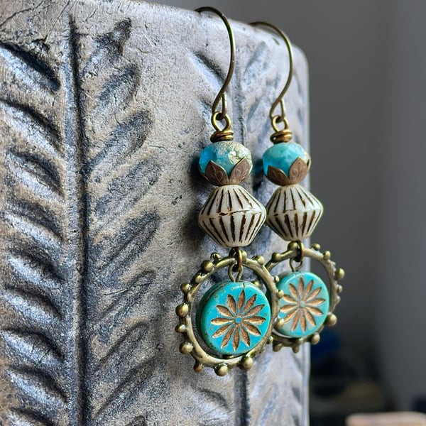 Turquoise Aster Flower Earrings – Summer Czech Glass Boho Jewellery
