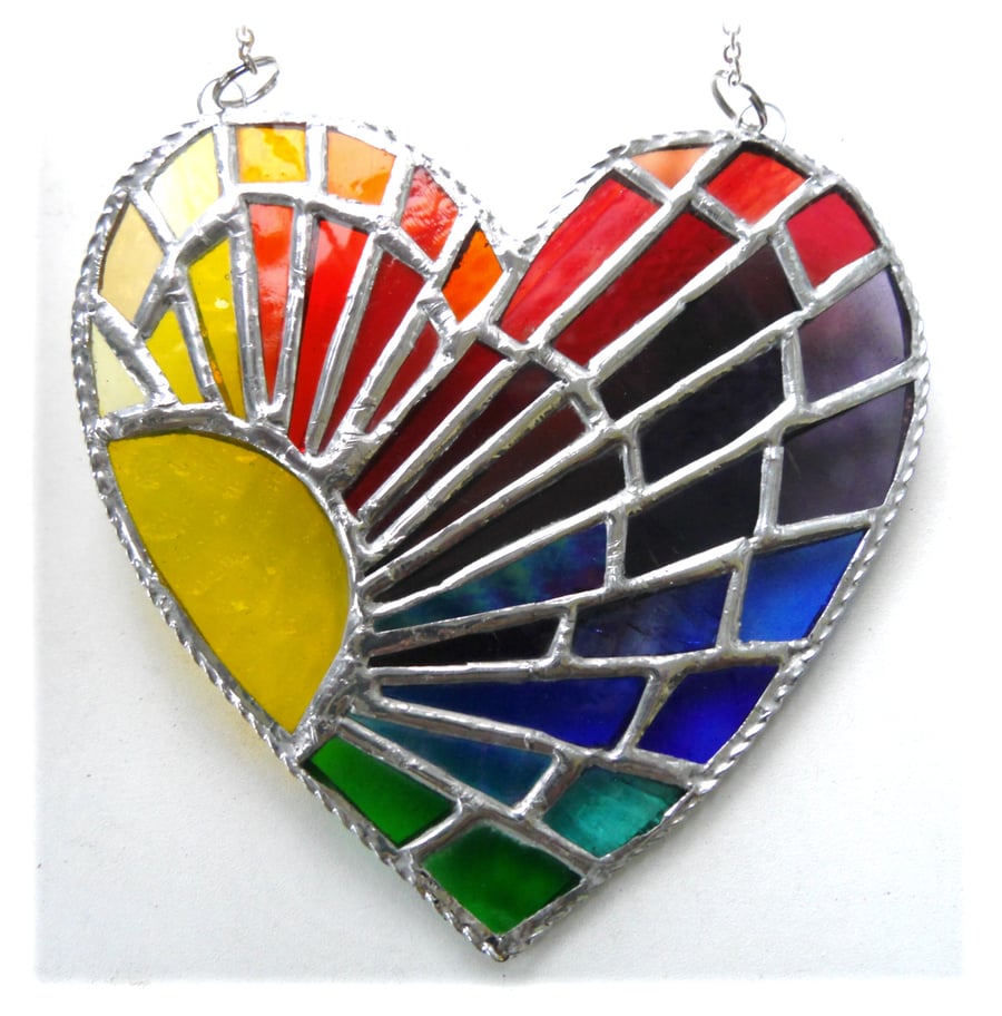 Rainbow Rays Valentine Sun Heart Suncatcher Stained Glass Handmade 001