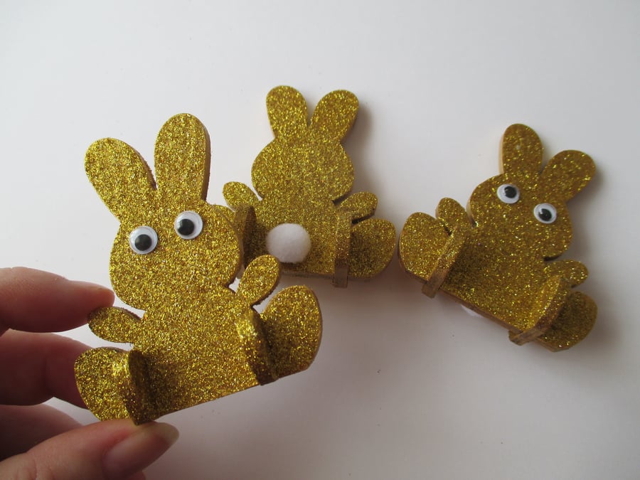3x Bunny Rabbit Glittery Christmas Decorations Wooden Freestanding Cute Twinkly