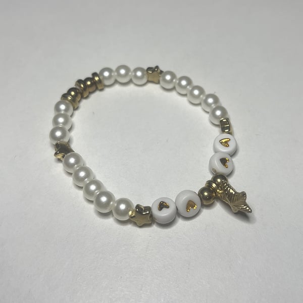 Gold Stars, Starfish Charm, Hearts And Pearl Bracelet  Size 15-17cm Gift