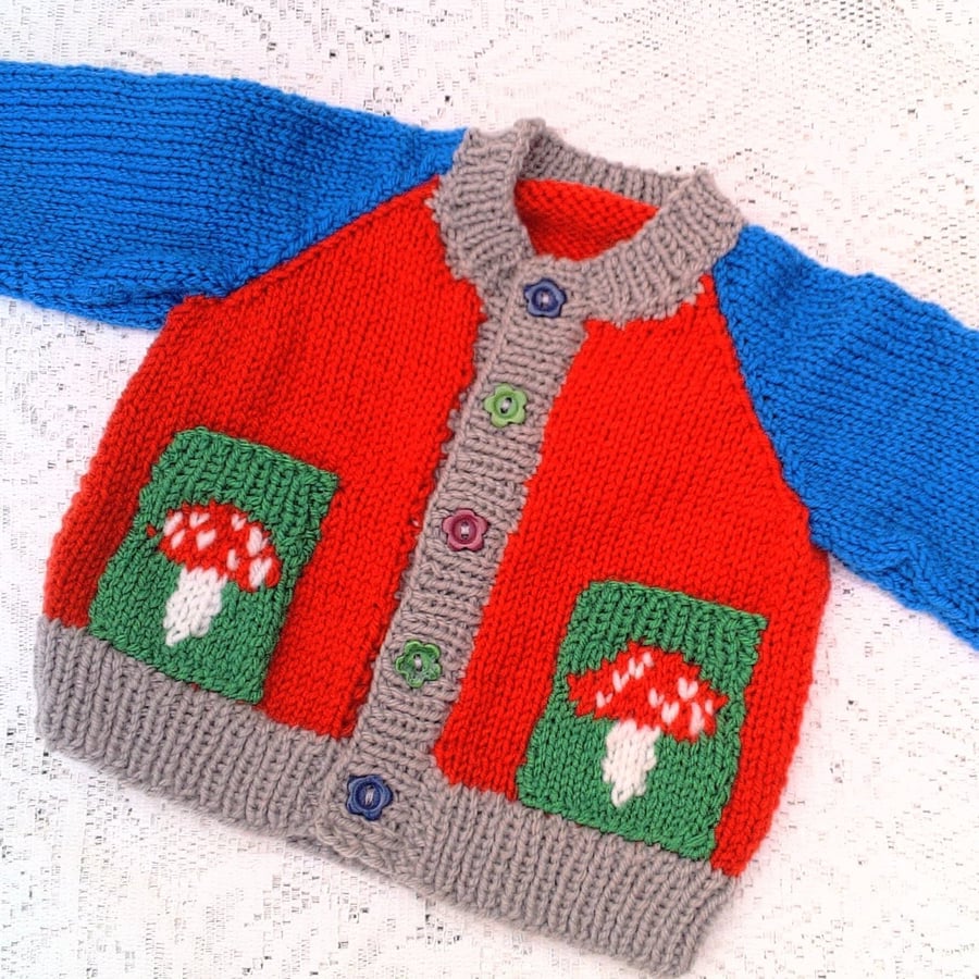 Child's Multi Coloured Cardigan with a Cute Mushroom Design Pocket, Custom Make