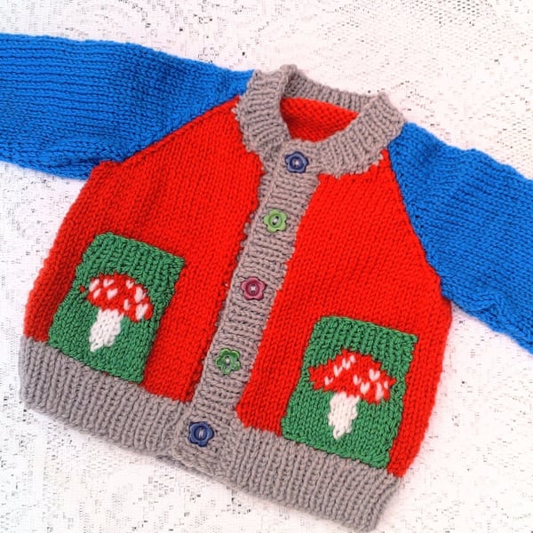 Child's Multi Coloured Cardigan with a Cute Mushroom Design Pocket, Custom Make