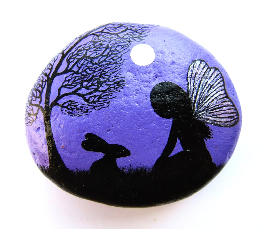 Painted Pebble, Fairy Moon Rabbit Tree, Rock Painting, Daughter Gift, Silhouette