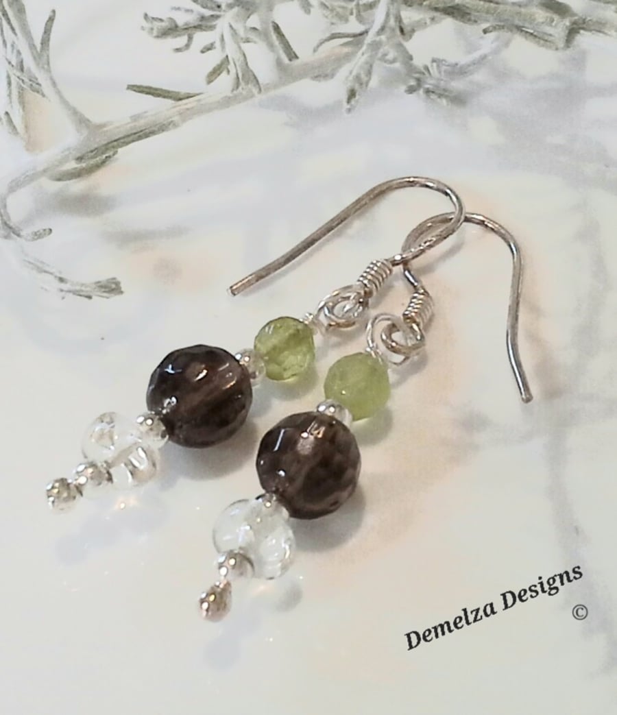 Rare Imperial Topaz,  Smokey Quartz & Peridot Sterling Silver Earrings