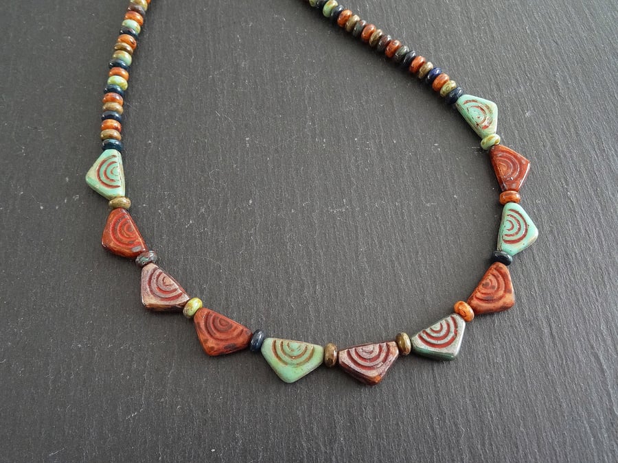 Czech Glass Necklace,Bunting Shaped Necklace,Tribal Style Necklace,Ladies Neckla