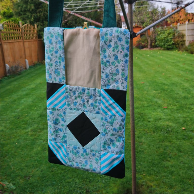 Patchwork peg bag. Green, aquamarine, black large peg bag with shoulder strap. 