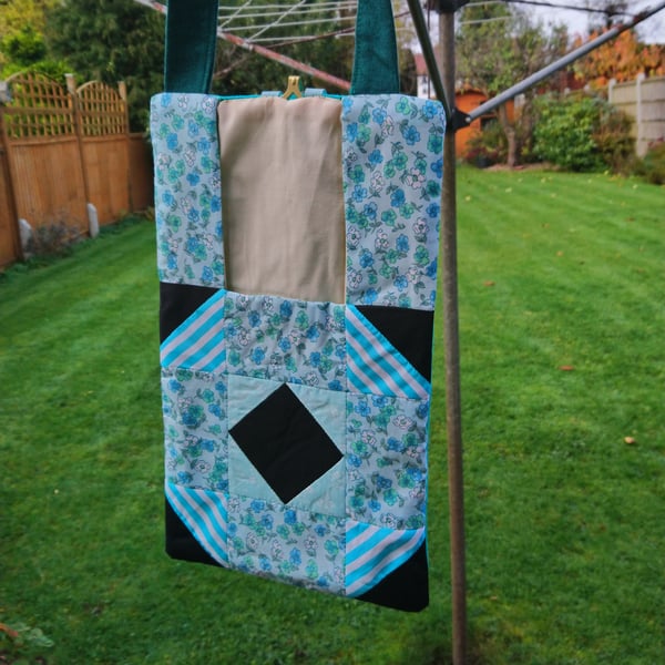 Patchwork peg bag. Green, aquamarine, black large peg bag with shoulder strap. 