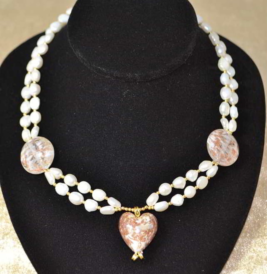 Ivory Pearl and Sommerso Murano Glass Heart Necklace