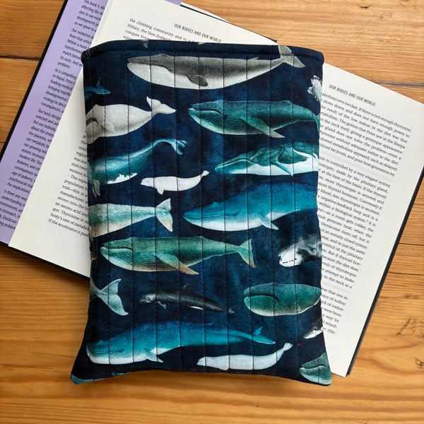 Whale Print Quilted Fabric Book Sleeve - Hardback Size 
