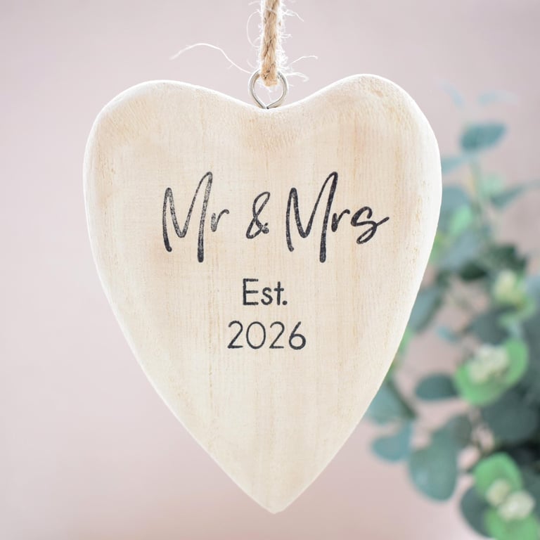 Mr & Mrs Est. 2026 Hanging Heart Ornament. Wooden Heart Wedding Day Gift. Couple