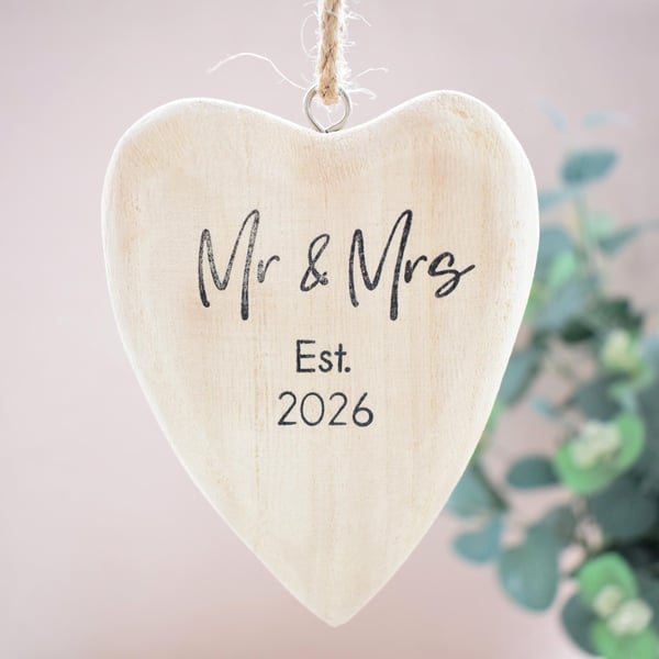 Mr & Mrs Est. 2026 Hanging Heart Ornament. Wooden Heart Wedding Day Gift. Couple