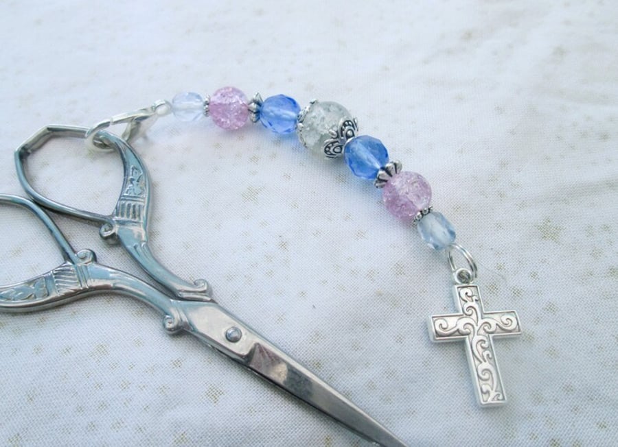 Beaded scissor fob with silver cross charm, bag or purse decoration