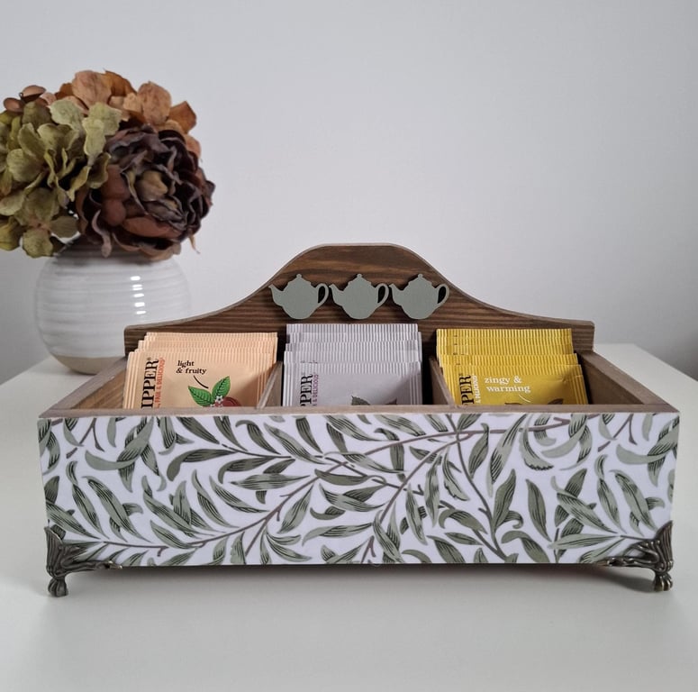Decoupaged Wooden Tea Box, Hand Painted Floral Compartment Storage Home Decor