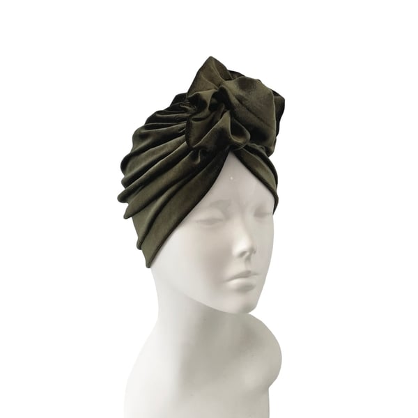Olive Green Soft Velvet Turban Head Wrap Comfy Luxury Velvet Winter 1940s 